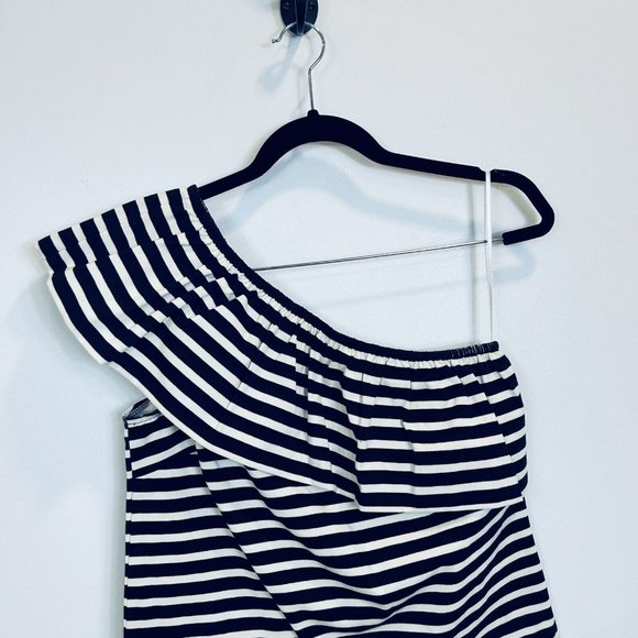 🛑 J. CREW XS One Shoulder Striped Ruffle Top Nautical Blue White G7064 - Picture 3 of 9